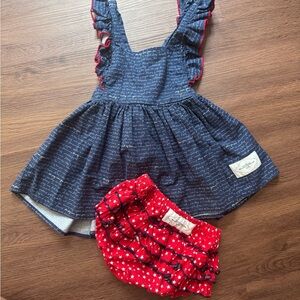 Caroline & Kate Blue Ruffled Dress with Red Star Bloomers for 4th of July